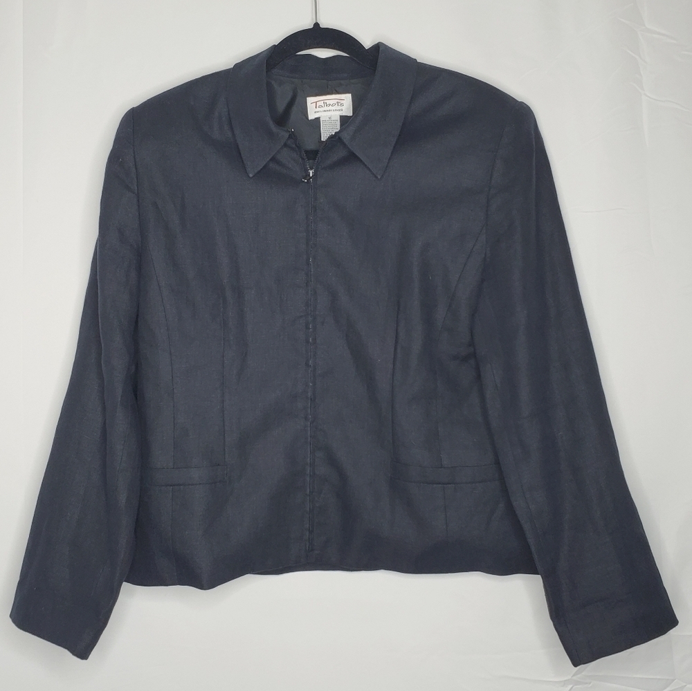 Talbots Irish Linen Black Jacket Size 16 Zip Up Long Sleeve Lined Blazer Office